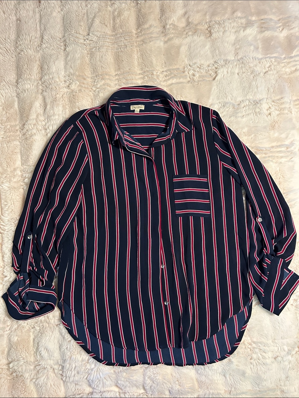 Lily White Navy Striped Button-Up Blouse with Pink Stripes